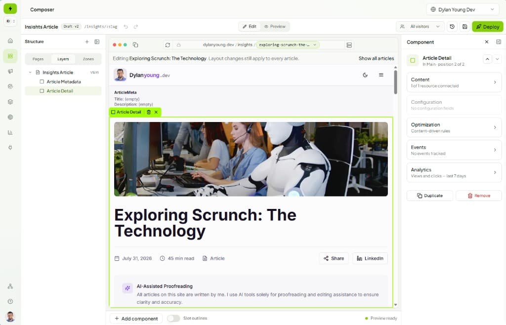 Amplify UP visual editor with page structure, live preview, and component settings in one view